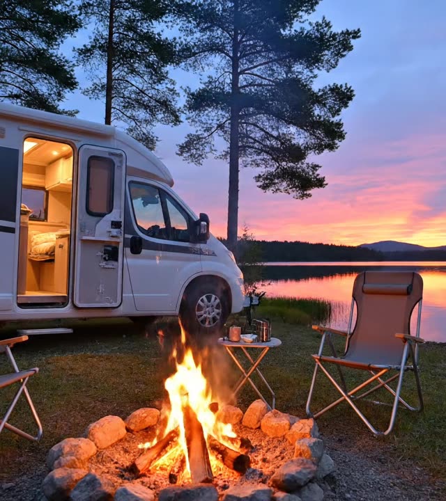 Wohnmobil mit Lagerfeuer am See in der Abenddämmerung